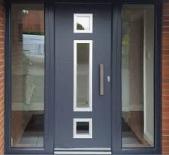 Grey composite security door with glazed side panels