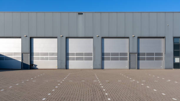 Row of commercial sectional loading-bay doors