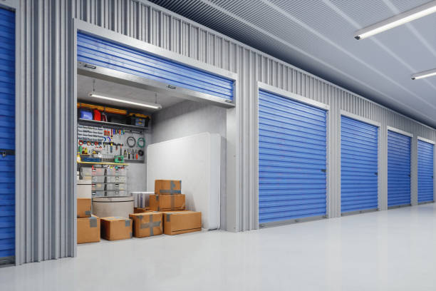 Blue shutter doors on self-storage units