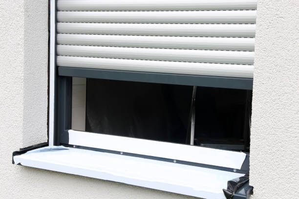 White window roller shutter partially open