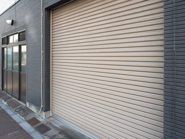 Beige roller shutter on a commercial building